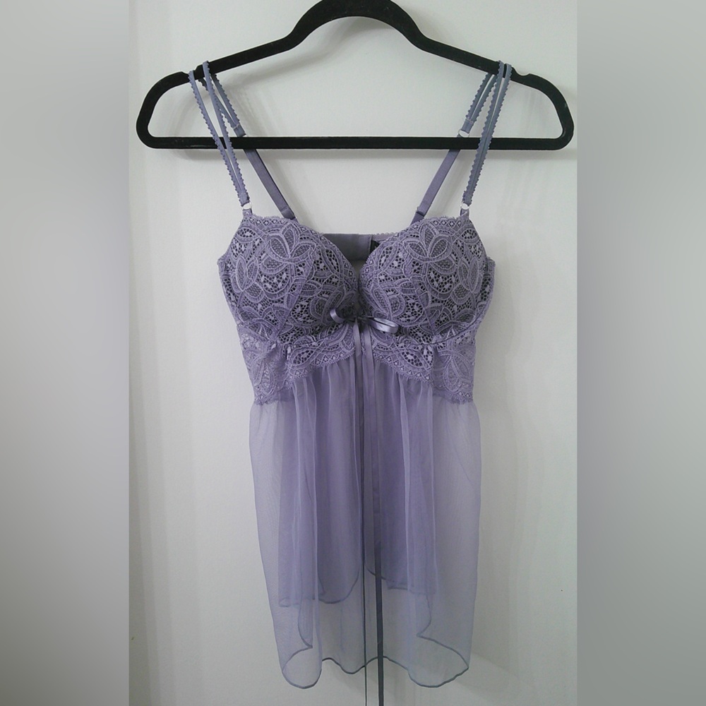 Victoria's Secret Lavender Lace Mesh Babydoll Chemise with Satin Bow Accent